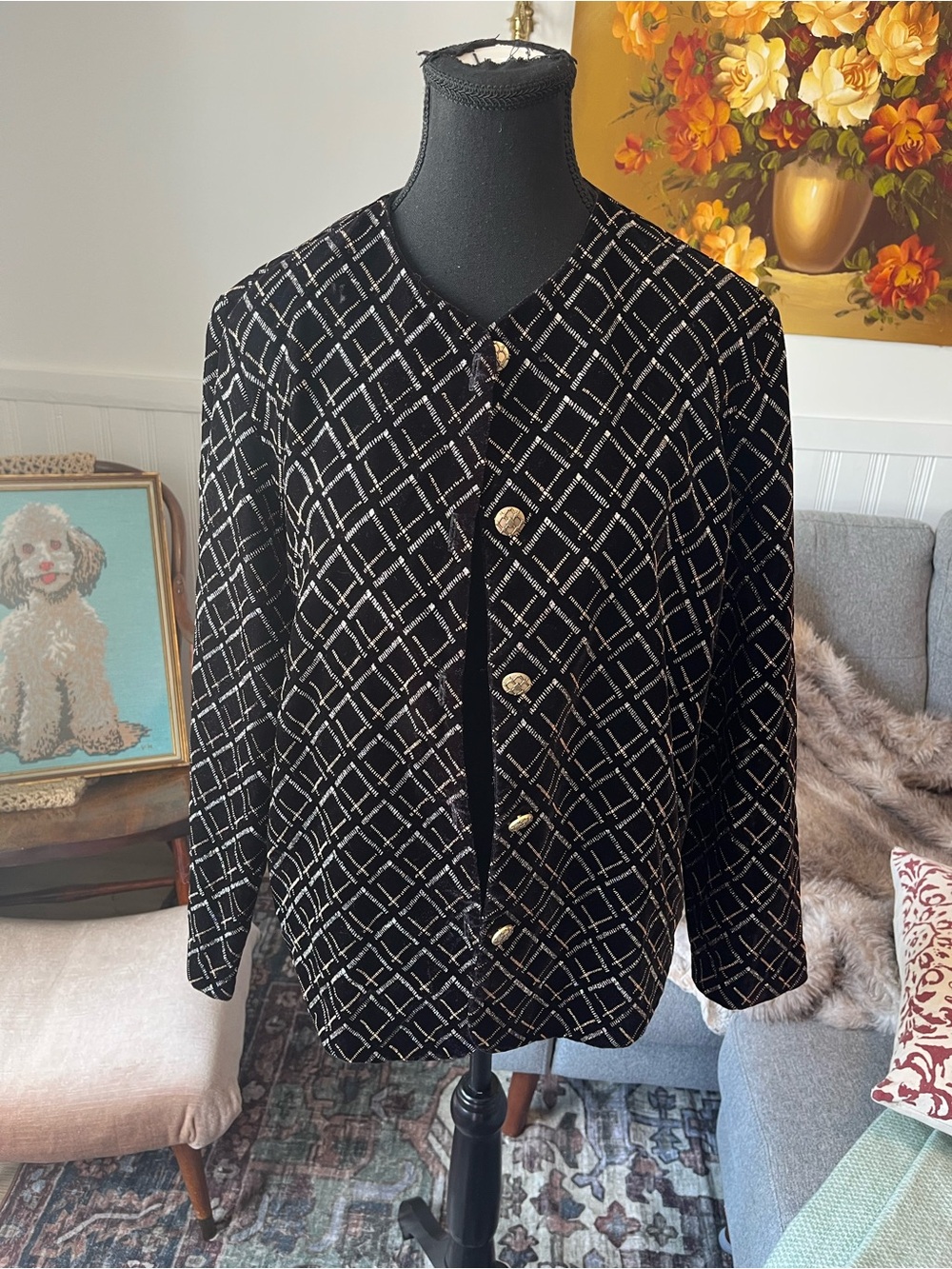 Womenβs Vintage Black Velvet Shimmery Geometric Metallic Design Blazer Size 12